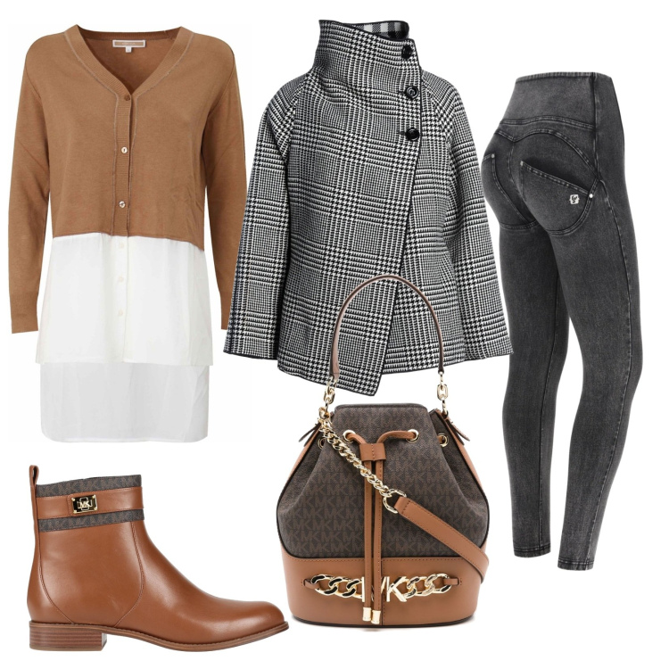 Outfit donna - Colpo di stile. Stile Trendy per Tutti i giorni. Abbinamento con cappotti, stivaletti, borse a secchiello, jeans skinny, maglieria.