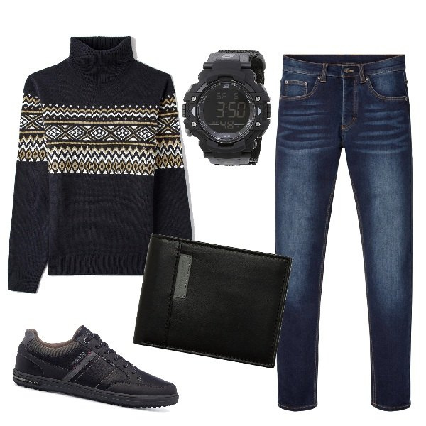 Outfit uomo - Claudio. Stile Casual per Tutti i giorni. Abbinamento con sneakers, portafogli, maglieria, jeans slim fit, orologi digitali.