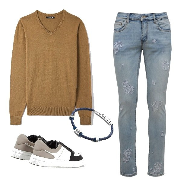 Outfit uomo - Dino. Stile Casual per Tutti i giorni. Abbinamento con braccialetti, sneakers, maglieria, jeans.