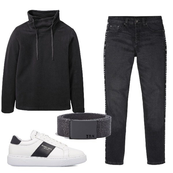 Outfit uomo - John. Stile Urban per Tutti i giorni. Abbinamento con sneakers, cinture, jeans slim fit, sciarpe.