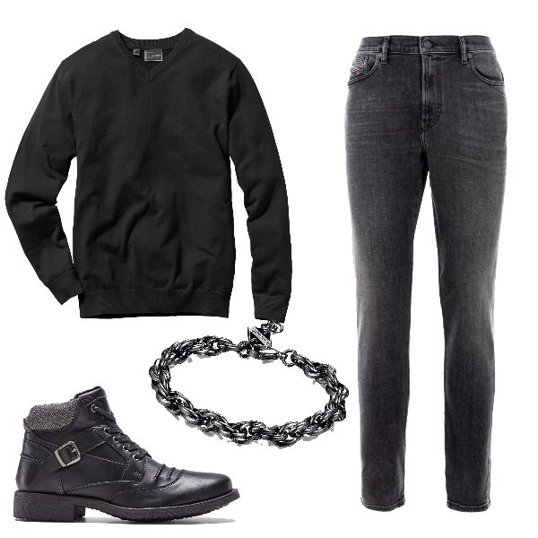 Outfit uomo - Mattia. Stile Casual per Tutti i giorni. Abbinamento con braccialetti, jeans, stivali e stivaletti, maglieria.