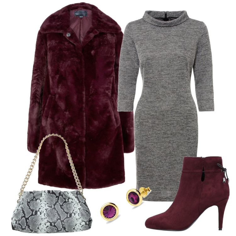 Outfit donna - Serata fuori. Stile Bon Ton per Serata fuori. Abbinamento con stivaletti, borse a mano, vestiti, ecopellicce, orecchini.