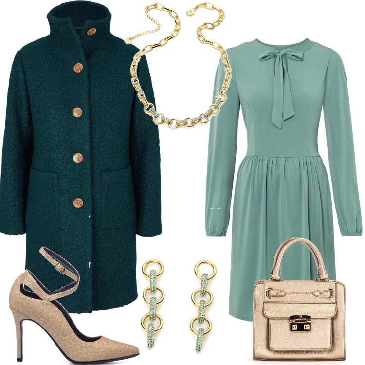 Outfit donna - Acqua bon ton. Stile Bon Ton per Tutti i giorni. Abbinamento con cappotti, vestiti, orecchini, collane, borse a mano, décolleté.