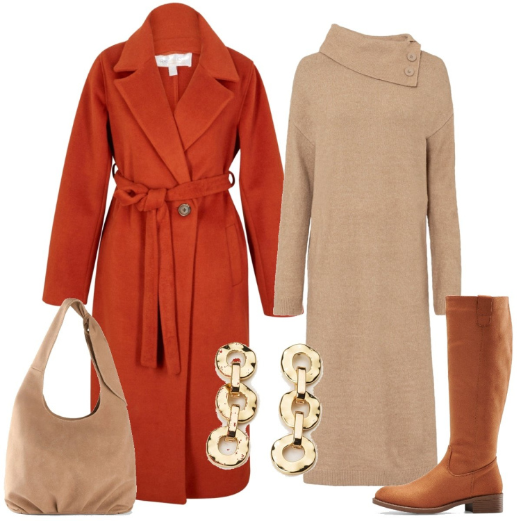 Outfit donna - Toni caldi. Stile Casual chic per Tutti i giorni. Abbinamento con vestiti chemisier, cappotti, stivali, borse a tracolla, orecchini.