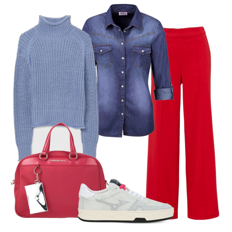 Outfit donna - Con la camicia di jeans. Stile Urban per Tutti i giorni. Abbinamento con borse a mano, camicie, pantaloni a palazzo, maglieria, sneakers.