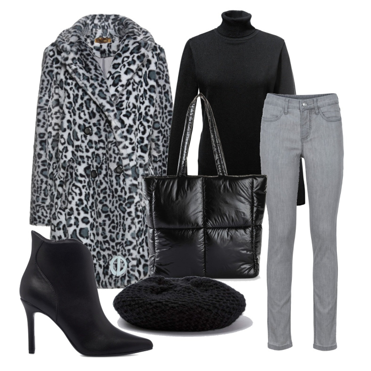 Outfit donna - Il cappotto animalier. Stile Casual per Tutti i giorni. Abbinamento con jeans skinny, maglieria, shopping bag, cappotti, cappelli con visiera, stivaletti.