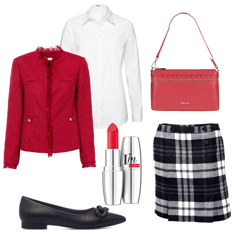 Outfit donna - Ballerine e giacca stile Chanel. Stile Bon Ton per Tutti i giorni. Abbinamento con camicie, blazer, minigonne, borse a mano, ballerine, rossetti.