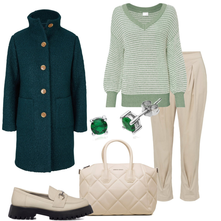 Outfit donna - Cappotto verde bosco e borsa matelassé. Stile Bon Ton per Tutti i giorni. Abbinamento con cappotti, maglieria, pantaloni capri, orecchini, borse a mano, mocassini.