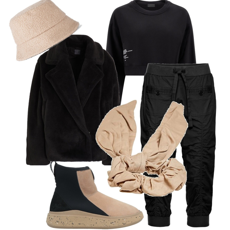 Outfit donna - Temperatura sotto zero. Stile Casual chic per Tutti i giorni. Abbinamento con pantaloni capri, cappelli con visiera, stivaletti, cappotti, felpe, fasce per capelli.