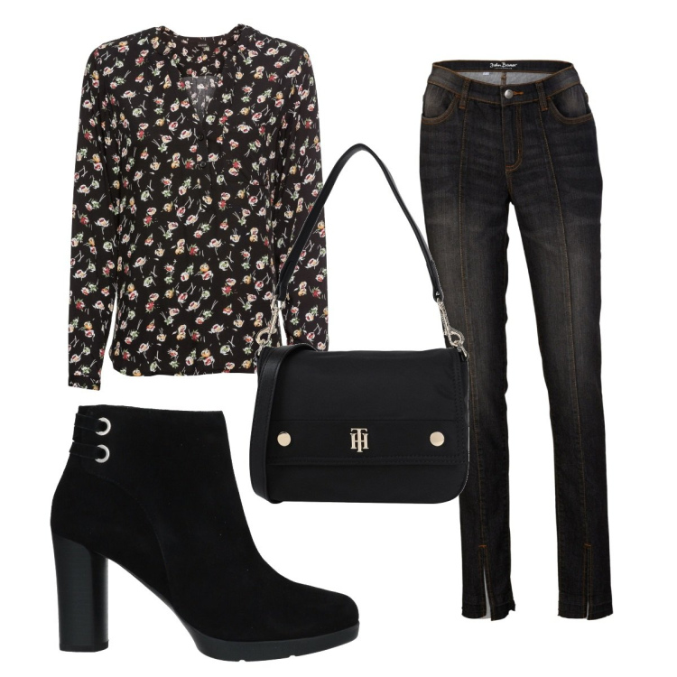 Outfit donna - Total look #1511698. Stile 70s per Tutti i giorni. Abbinamento con bluse, jeans slim fit, stivaletti, borse a mano.