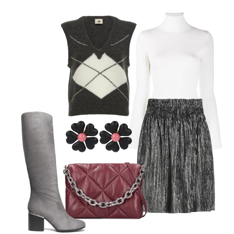 Outfit donna - Elementi molto chic. Stile Bon Ton per Tutti i giorni. Abbinamento con stivali, minigonne, maglieria, orecchini, borse a spalla, gilet.