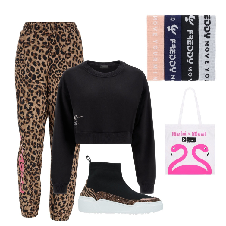 Outfit donna - La camminata della sera. Stile Sporty chic per Sport. Abbinamento con sneakers, braccialetti, pantaloni, felpe, borse a spalla.