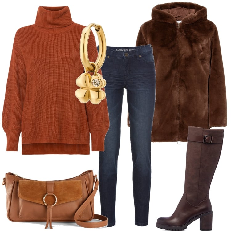 Outfit donna - FT - Pratica per il giorno. Stile Casual per Tutti i giorni. Abbinamento con jeans skinny, maglieria, ecopellicce, borse a tracolla, orecchini, stivali sopra il ginocchio.
