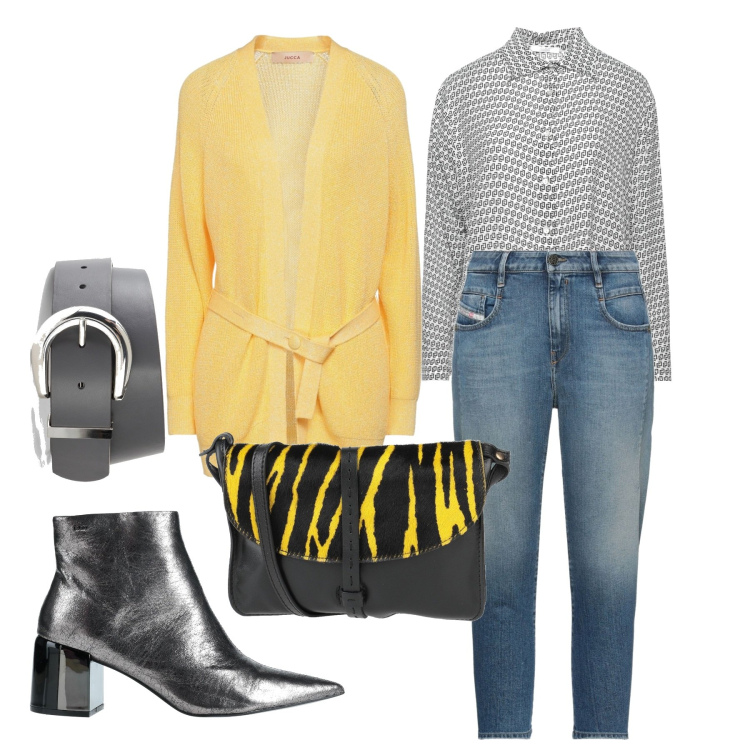 Outfit donna - Canarino in ufficio. Stile Casual per Ufficio. Abbinamento con cardigans, jeans, stivaletti, borse a tracolla, camicie, cinture.