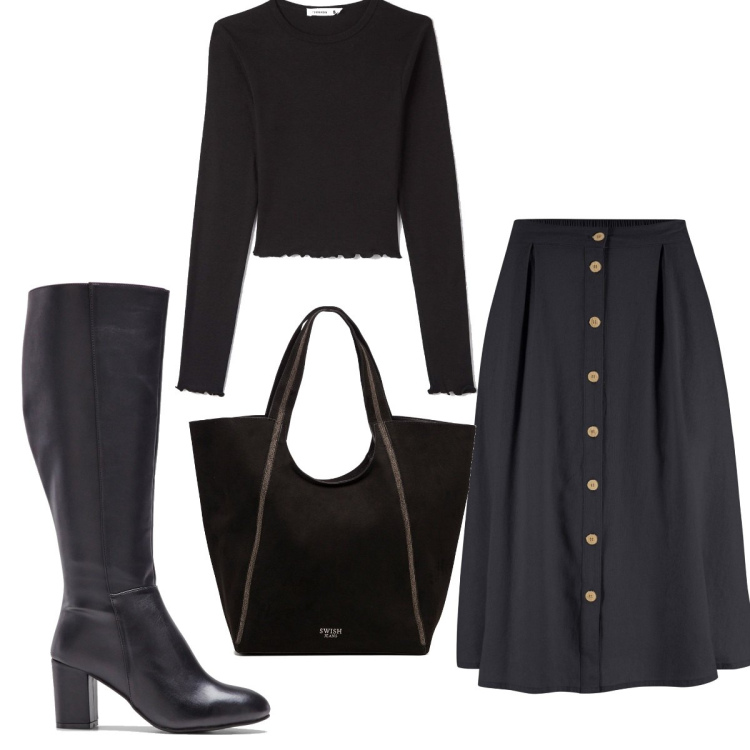 Outfit donna - Total look #1512075. Stile Trendy per Tutti i giorni. Abbinamento con gonne longuette, stivali, t-shirt, borse a spalla.