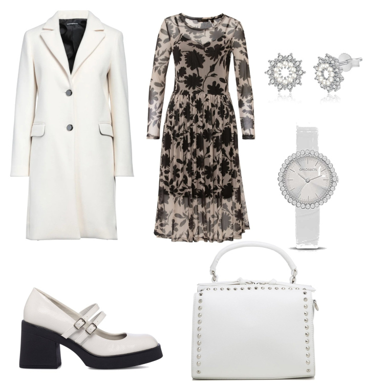 Outfit donna - Le Mary Jane bianche. Stile Bon Ton per Serata fuori. Abbinamento con vestiti, cappotti, orologi, orecchini, décolleté, borse a mano.