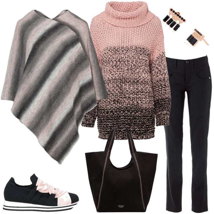 Outfit donna - Università. Stile Casual per Scuola/Università. Abbinamento con pantaloni, maglieria, cappotti, sneakers, orecchini, borse a spalla.