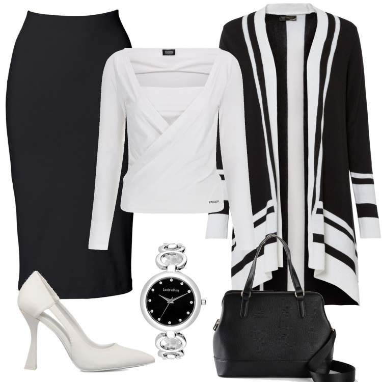 Outfit donna - Nero e bianco. Stile Chic per Ufficio. Abbinamento con gonne longuette, cardigans, borse a mano, maglieria, décolleté, orologi analogici.