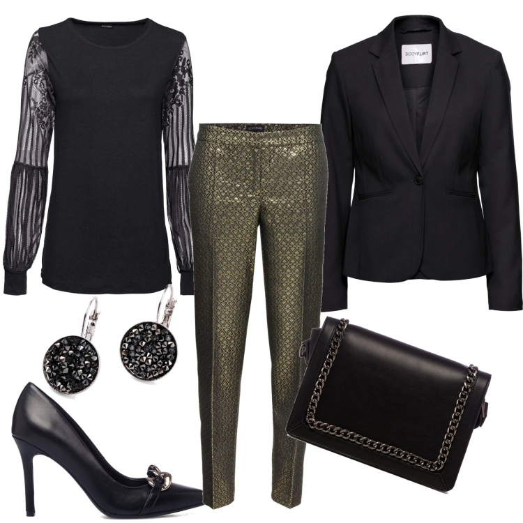 Outfit donna - Invito ad una cerimonia. Stile Chic per Cerimonia. Abbinamento con bluse, blazer, pantaloni, orecchini, décolleté, borse a tracolla.