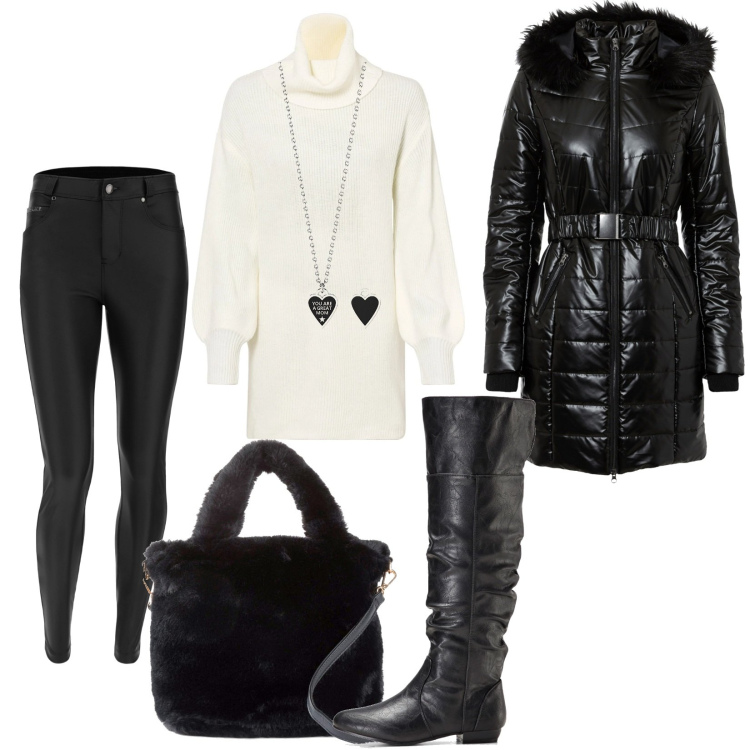 Outfit donna - Un giro al centro commerciale. Stile Casual per Tutti i giorni. Abbinamento con stivali sopra il ginocchio, maglieria, giacche, borse a mano, collane, pantaloni skinny.