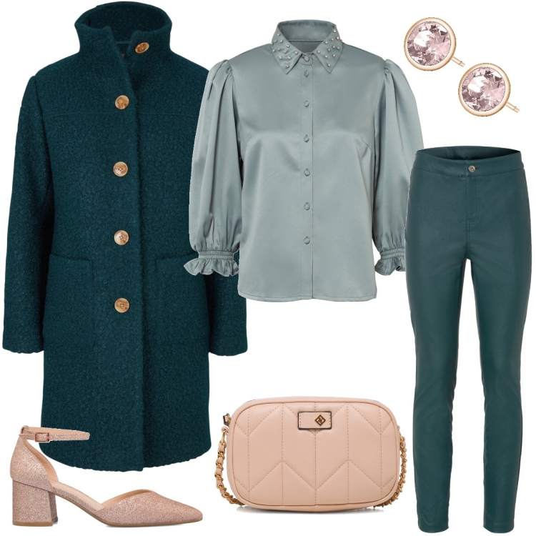 Outfit donna - Toni di verde. Stile Chic per Tutti i giorni. Abbinamento con cappotti, pantaloni, camicie, orecchini, borse a tracolla, décolleté.
