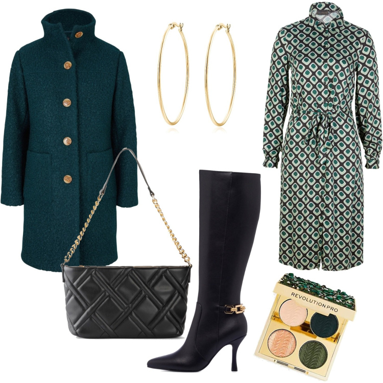 Outfit donna - Riunione in ufficio. Stile Casual chic per Ufficio. Abbinamento con cappotti, vestiti, borse a mano, orecchini, stivali sopra il ginocchio, ombretti.