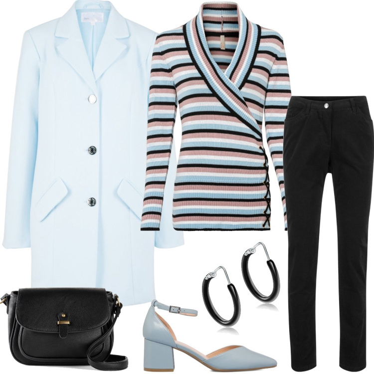 Outfit donna - Tempo libero. Stile Casual chic per Tutti i giorni. Abbinamento con pantaloni, maglieria, cappotti, borse a tracolla, orecchini, décolleté.