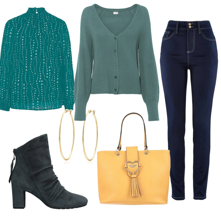 Outfit donna - Un po\' di colore. Stile Casual per Tutti i giorni. Abbinamento con jeans slim fit, tuniche, cardigans, stivaletti, borse a mano, orecchini.