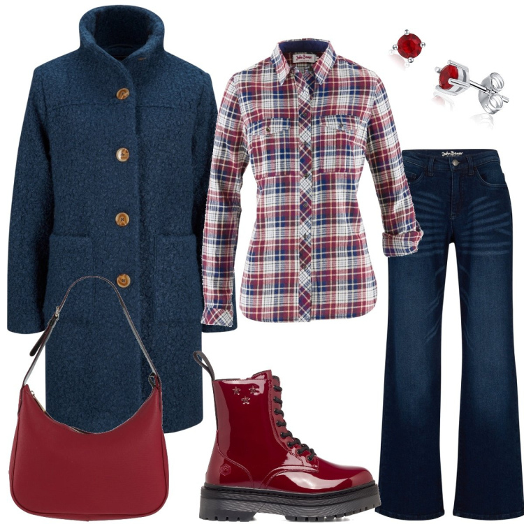 Outfit donna - Università. Stile Casual per Scuola/Università. Abbinamento con cappotti, jeans, camicie, borse a spalla, orecchini, anfibi.