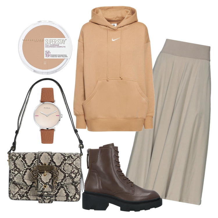 Outfit donna - Scarponi e con la gonna ampia. Stile Urban per Tutti i giorni. Abbinamento con stivaletti, gonne longuette, borse a spalla, felpe con cappuccio, ciprie, orologi analogici.