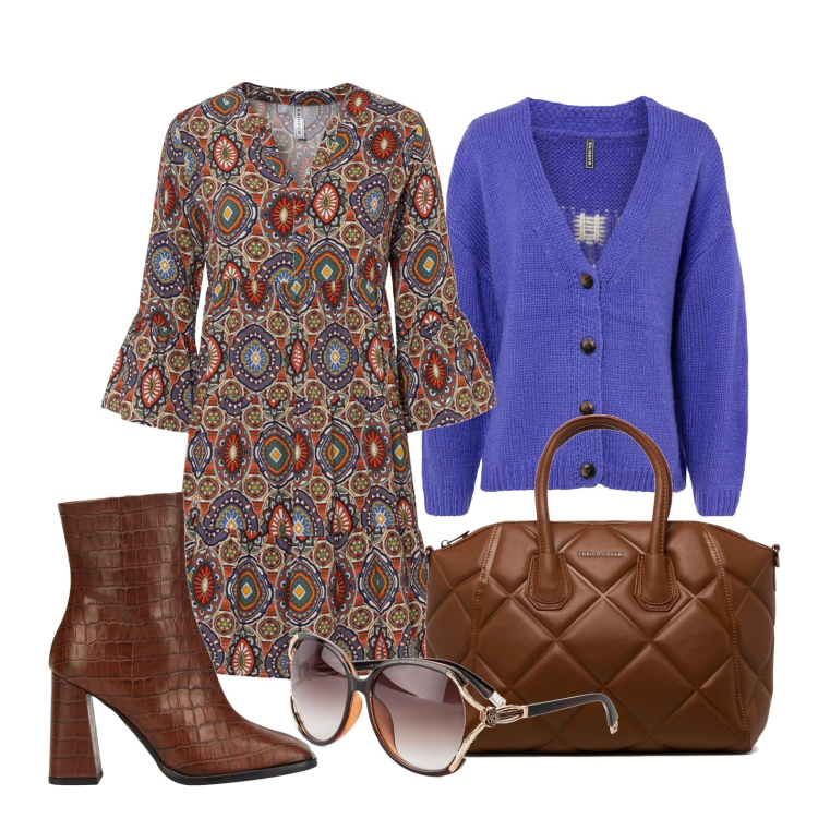 Outfit donna - Ghost outfitter - fantasia in tinta. Stile Trendy per Tutti i giorni. Abbinamento con vestiti corti, occhiali da sole, cardigans, stivaletti, borse a mano.