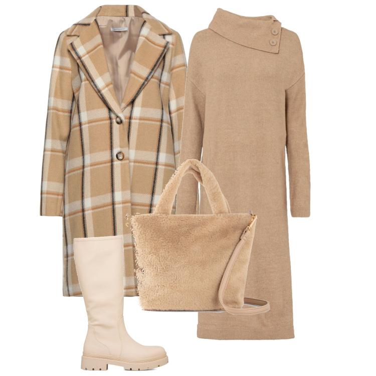 Outfit donna - Il cappotto in saldo. Stile Casual per Tutti i giorni. Abbinamento con cappotti, vestiti chemisier, borse a mano, stivali.