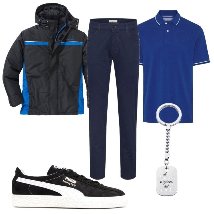Outfit uomo - A passeggio in città. Stile Trendy per Tutti i giorni. Abbinamento con giacche, portachiavi, pantaloni, polo, sneakers.