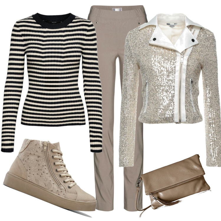 Outfit donna - Il lusso della semplicità. Stile Casual chic per Tutti i giorni. Abbinamento con pantaloni, sneakers alte, giacche, pullovers, pochette.