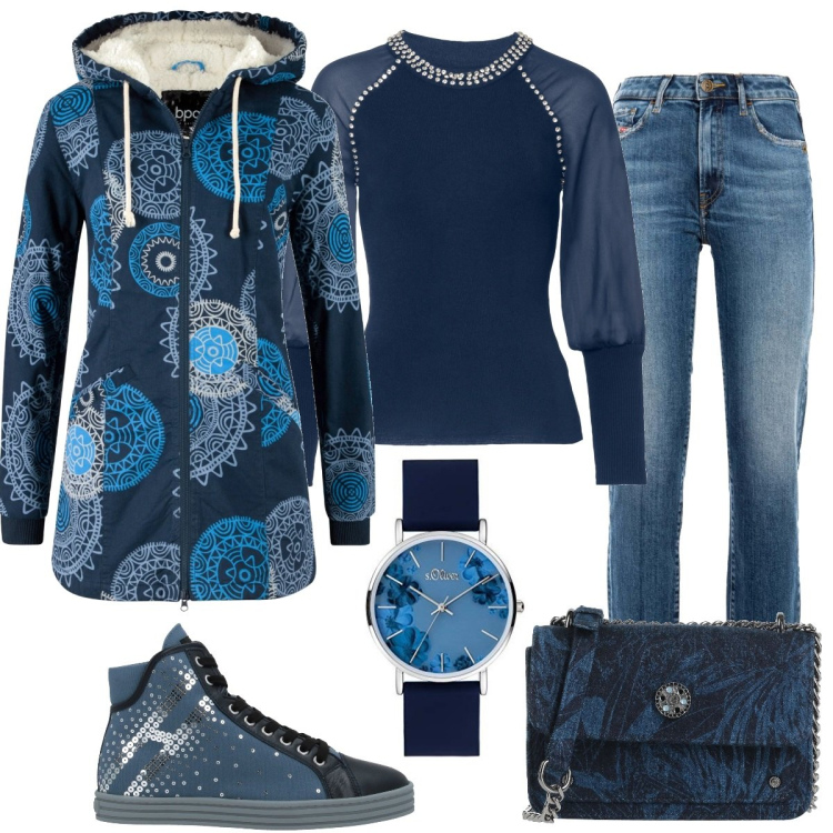 Outfit donna - I\'m blue. Stile Basic per Tutti i giorni. Abbinamento con parka, maglieria, sneakers, borse a tracolla, jeans, orologi.