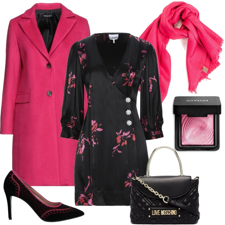 Outfit donna - Serata chic. Stile Chic per Serata fuori. Abbinamento con décolleté, vestiti corti, cappotti, sciarpe, borse tote, ombretti.