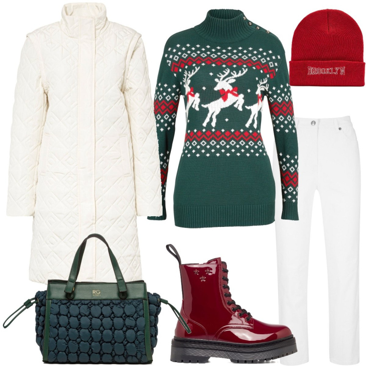 Outfit donna - In montagna. Stile Casual per Tutti i giorni. Abbinamento con pantaloni, piumini, maglieria, cappelli con visiera, anfibi, borse a secchiello.