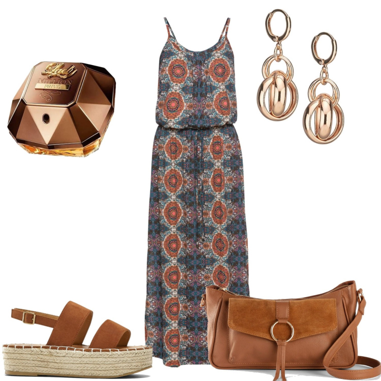 Outfit donna - Lungo fantasia marrone. Stile Trendy per Tutti i giorni. Abbinamento con vestiti lunghi, borse a tracolla, sandali, orecchini, profumi.