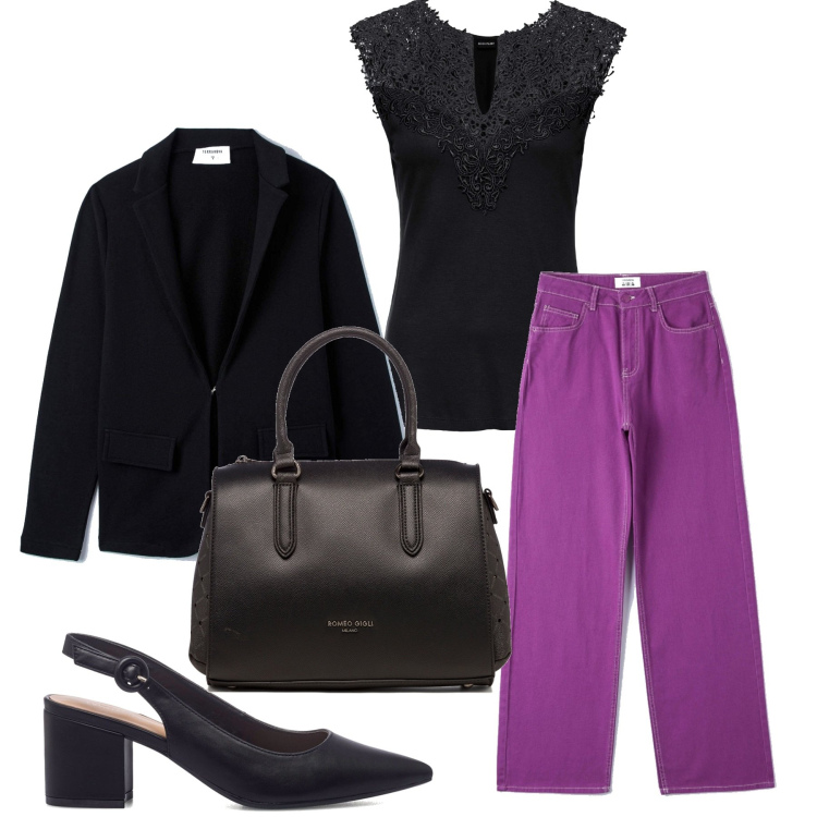 Outfit donna - In ufficio col jeans viola. Stile Casual chic per Ufficio. Abbinamento con top, pantaloni, blazer, décolleté, borse a mano.