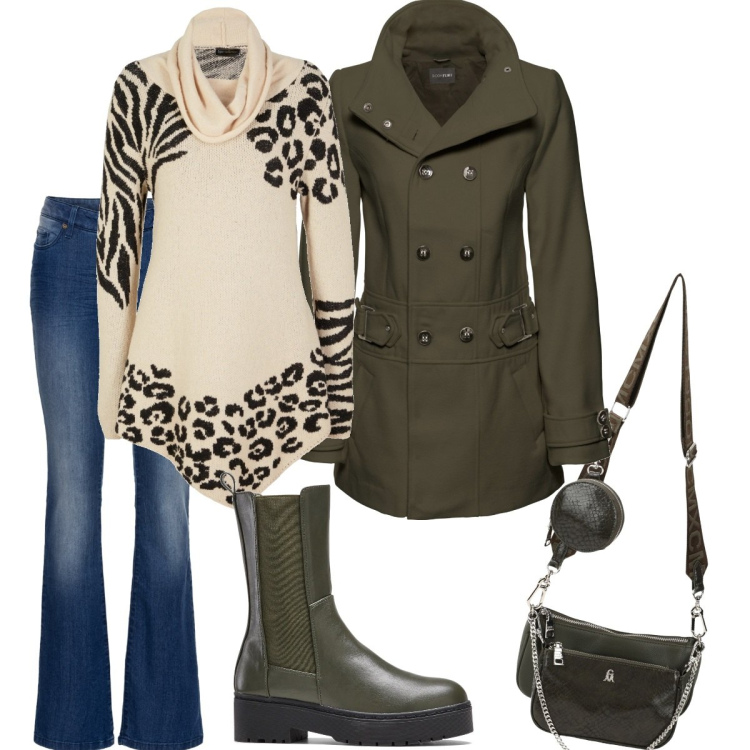 Outfit donna - Verde emme. Stile Casual per Tutti i giorni. Abbinamento con jeans bootcut, maglieria, cappotti, stivali, borse a mano.