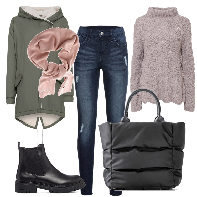 Outfit donna - Con le amiche. Stile Urban per Tutti i giorni. Abbinamento con jeans strappati, cappotti, maglieria, borse a mano, stivaletti, sciarpe.