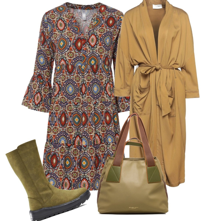 Outfit donna - Personalità. Stile Trendy per Serata fuori. Abbinamento con vestiti corti, stivali, cappotti, borse a spalla.