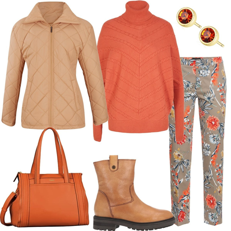 Outfit donna - Tempo libero. Stile Casual per Tutti i giorni. Abbinamento con pantaloni, maglieria, giacche, stivaletti, orecchini, shopping bag.