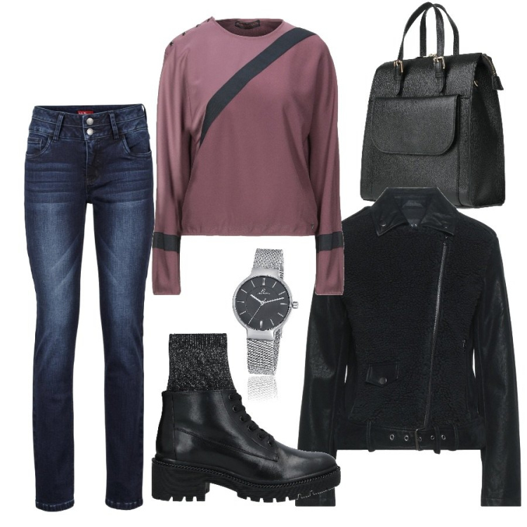 Outfit donna - Il chiodo. Stile Urban per Tutti i giorni. Abbinamento con jeans, giacche, bluse, stivaletti, zaini, orologi.