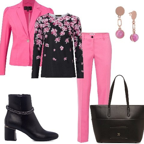 Outfit donna - Completo con fiori. Stile Casual chic per Tutti i giorni. Abbinamento con camicie a manica corta, maglieria, pantaloni, orecchini, stivaletti, borse a spalla.