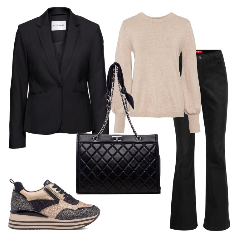 Outfit donna - In ufficio con le sneakers. Stile Basic per Ufficio. Abbinamento con maglieria, blazer, pantaloni, sneakers, borse a spalla.