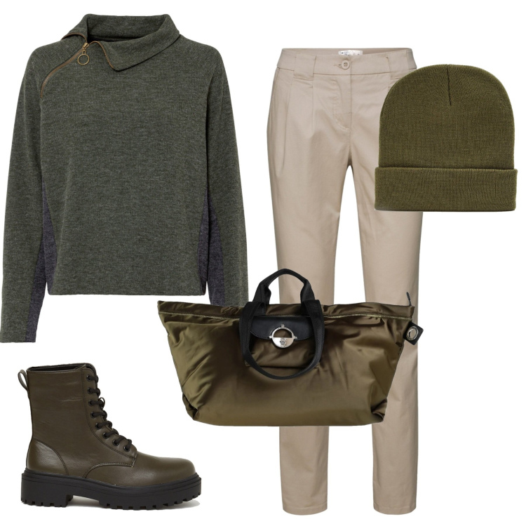 Outfit donna - Il pull con la cerniera. Stile Basic per Scuola/Università. Abbinamento con pantaloni chino, maglieria, borse a spalla, cappelli con visiera, anfibi.
