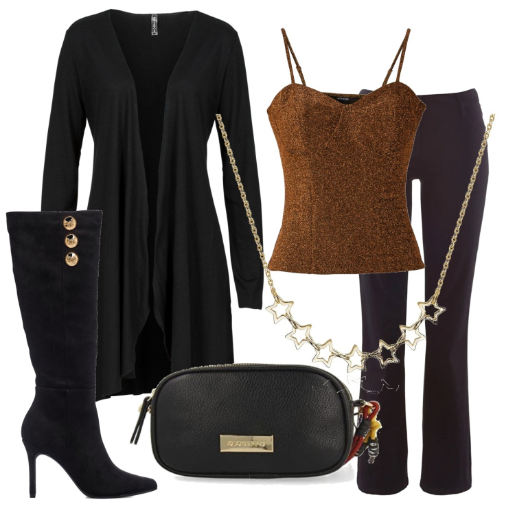 Outfit donna - Il cardigan anche di sera. Stile Basic per Serata fuori. Abbinamento con cardigans, top, pantaloni, collane, stivali sopra il ginocchio, borse a mano.