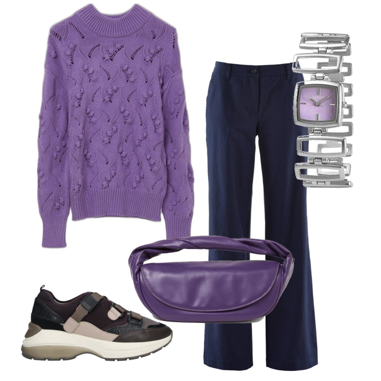 Outfit donna - Il pull viola. Stile Casual per Tutti i giorni. Abbinamento con sneakers, pantaloni, maglieria, pochette, orologi.