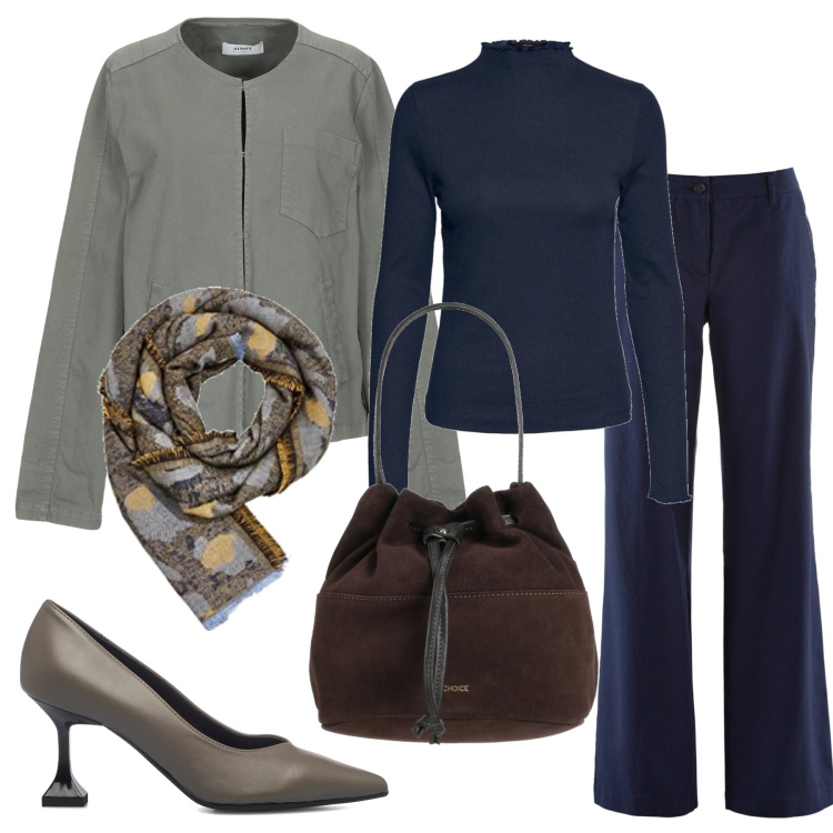 Outfit donna - La giacchina con il foulard. Stile Casual chic per Ufficio. Abbinamento con borse a mano, blazer, pantaloni, top, décolleté, sciarpe.